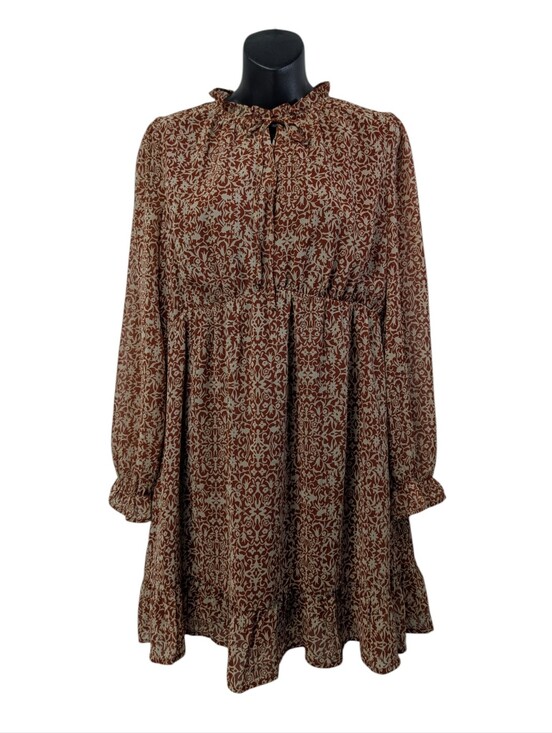 Doe & Rae Dresses & Skirts - Doe & Rae Rust Floral Print Ruffle Neck Tie Long Sleeve Mini Dress S NWT